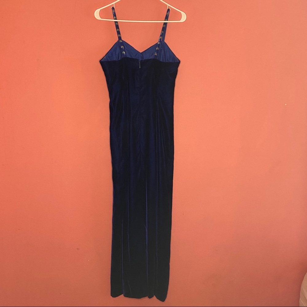 Beaded shoulder straps dark blue velvet dress